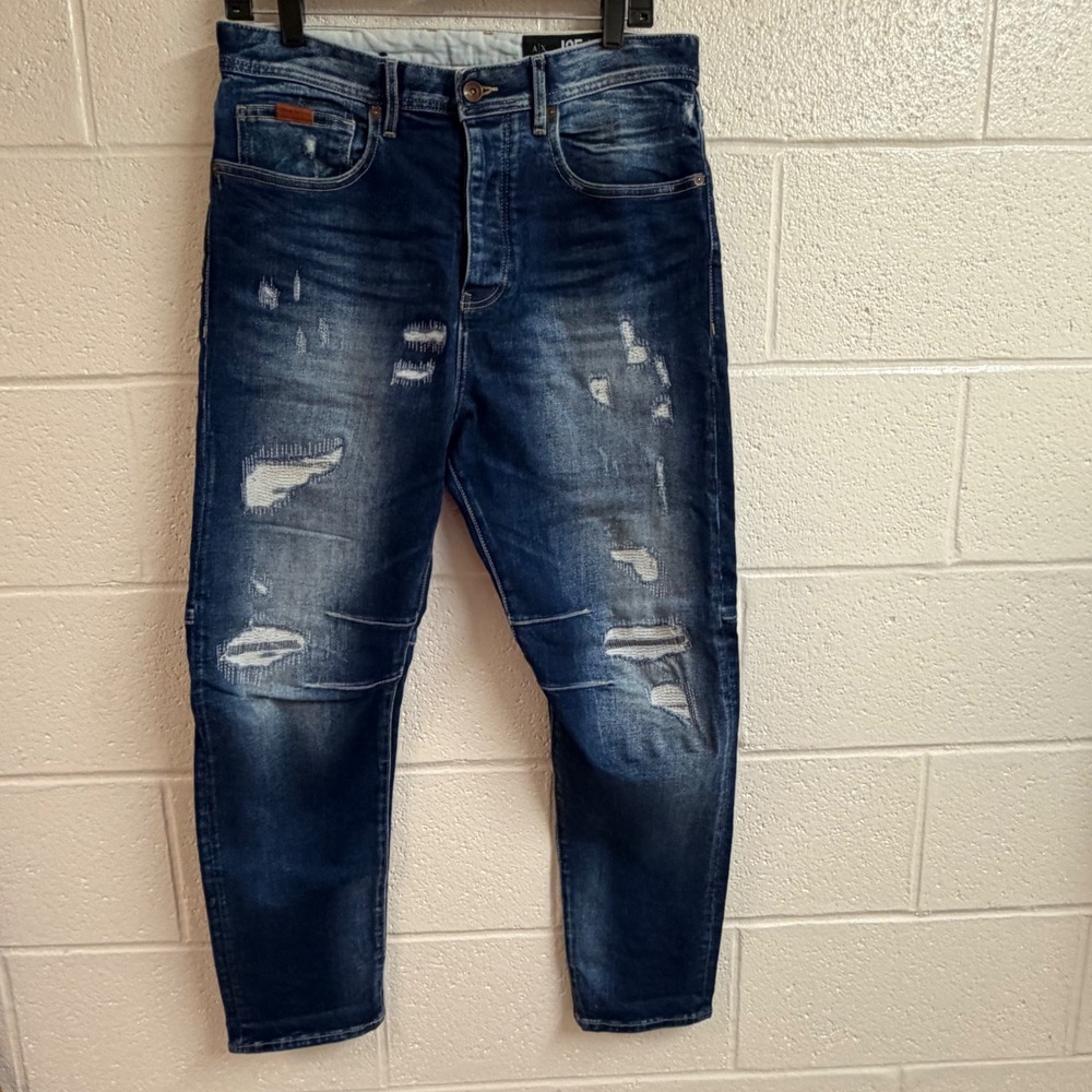 Armani Exchange Mens J25 Distressed Slim Tapered Jeans 31 Blue Denim Moto Patch